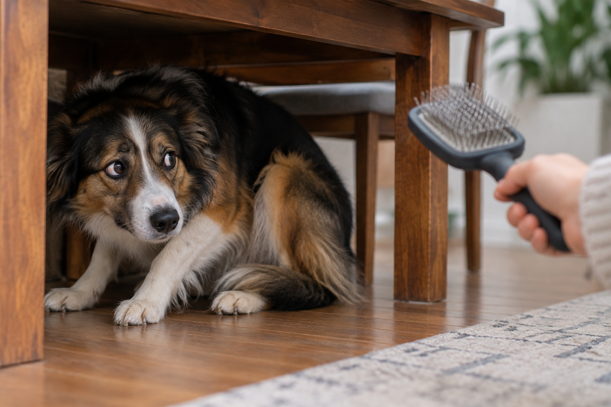 Chien tricolore caché sous une table, inquiet face à une brosse tendue : un chien qui a peur de la brosse