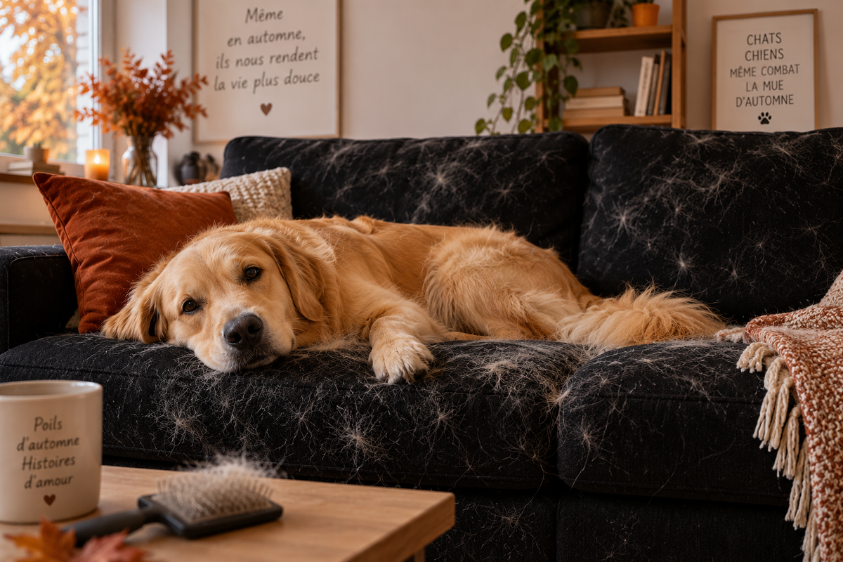 Golden retriever allongé sur un canapé couvert de poils pendant la mue d'automne, une brosse sur la table basse