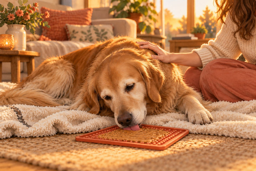 Golden retriever couché sur un plaid qui lèche un tapis à lécher pendant que sa maîtresse lui caresse la tête