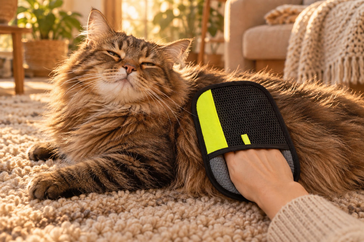 Chat tigré qui ferme les yeux de plaisir pendant qu'on le caresse avec le Gant Câlin Patounio (image créée avec l'IA)