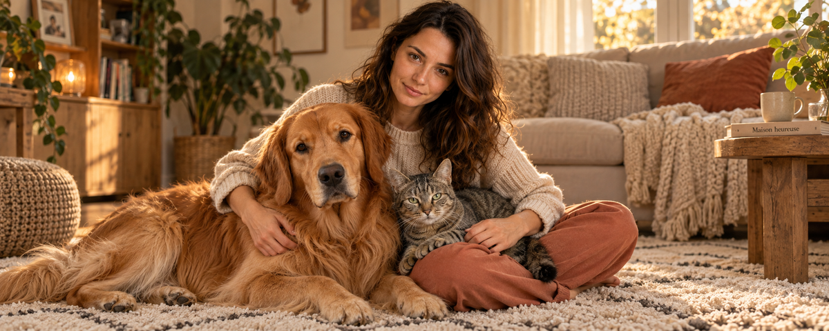 Une femme assise sur un tapis enlace son golden retriever et son chat tigré, dans un salon chaleureux