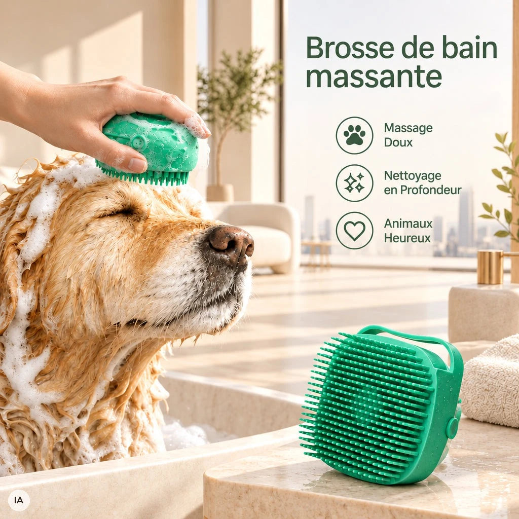 Brosse de bain massante utilisée pendant le bain d'un chien (image créée avec l'IA)