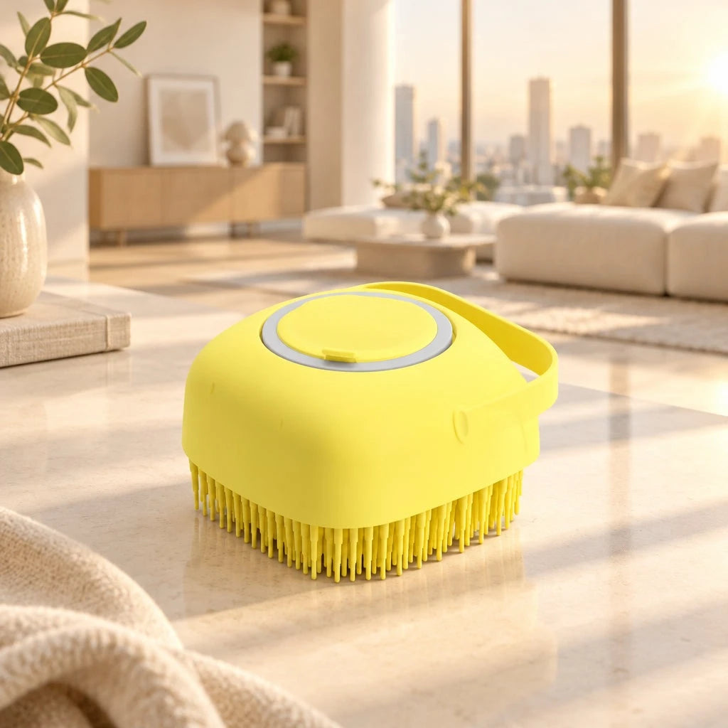Brosse de bain massante jaune pour chien et chat