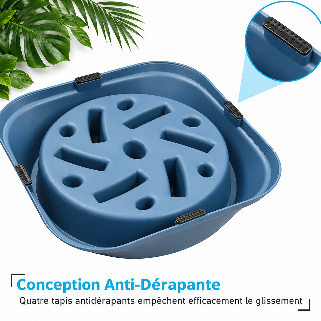 Dessous de la gamelle anti-glouton avec ses 4 patins antidérapants