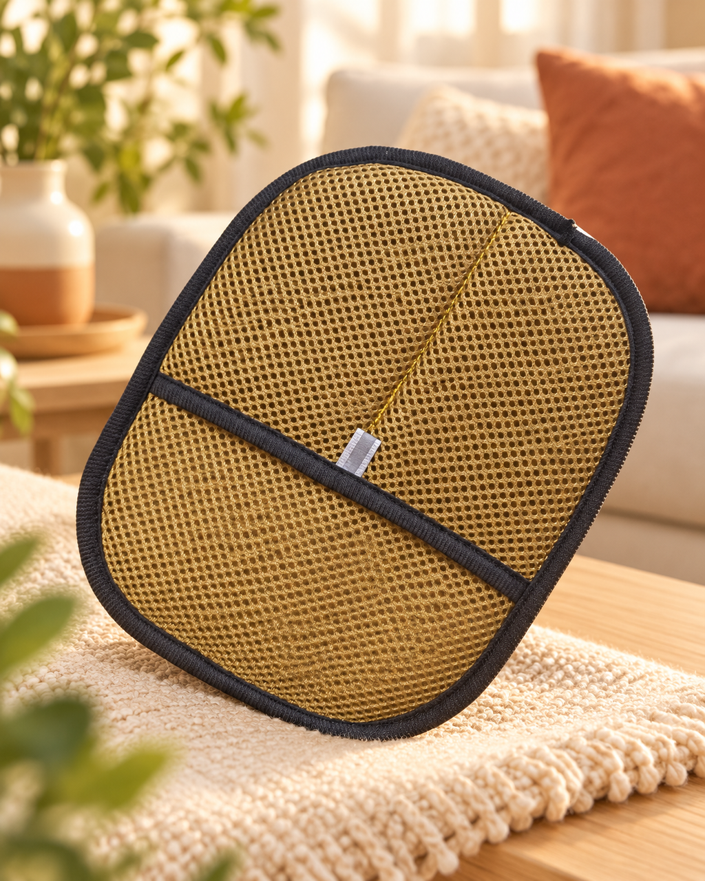 Gant Câlin coloris tan, gant anti-poils électrostatique pour chien et chat, posé sur un plaid