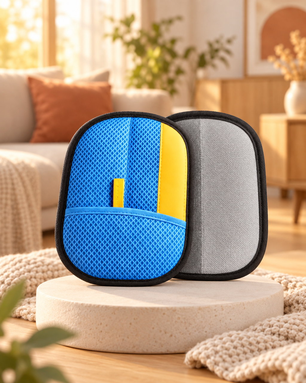Gant Câlin bleu à bande jaune, gant anti-poils pour chien et chat