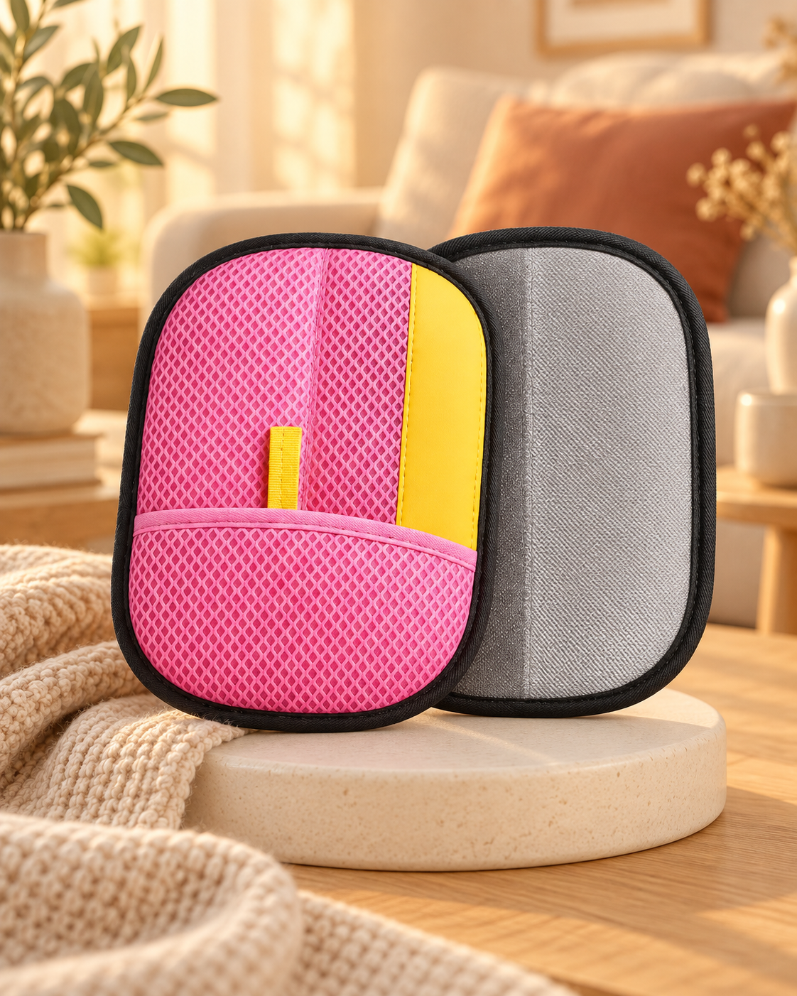 Gant Câlin rose à bande jaune, gant anti-poils pour chien et chat