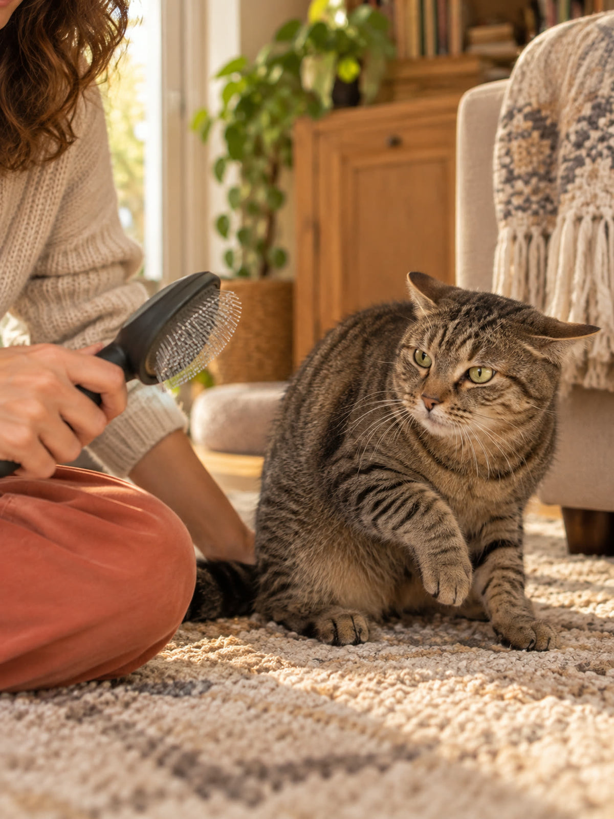 Avant : chat tendu face à une brosse rigide (illustration générée par IA)