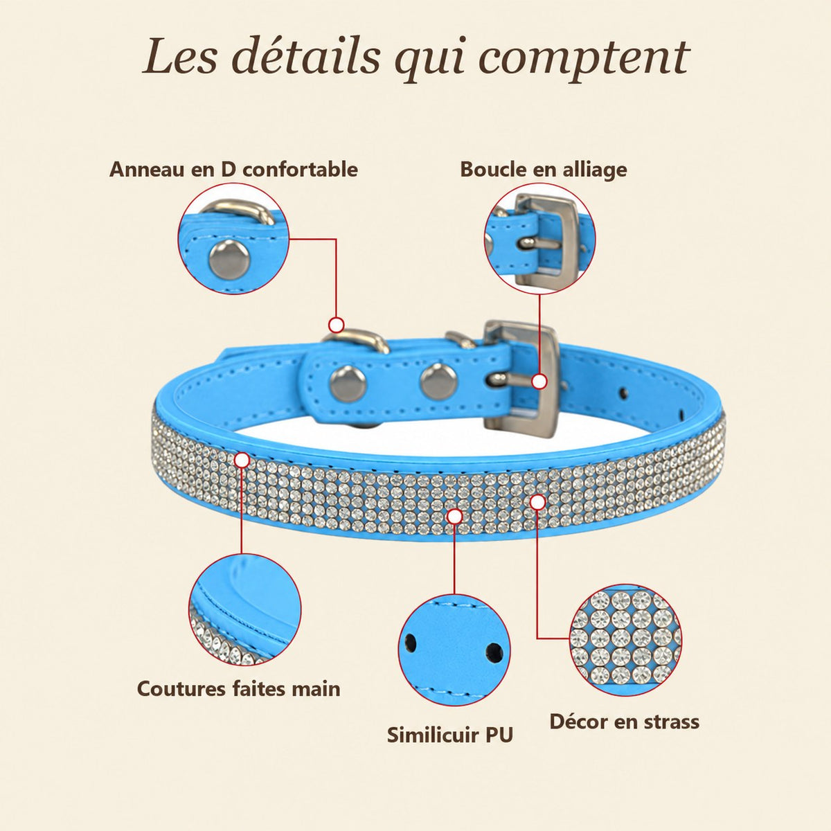 Détails du collier strass bleu