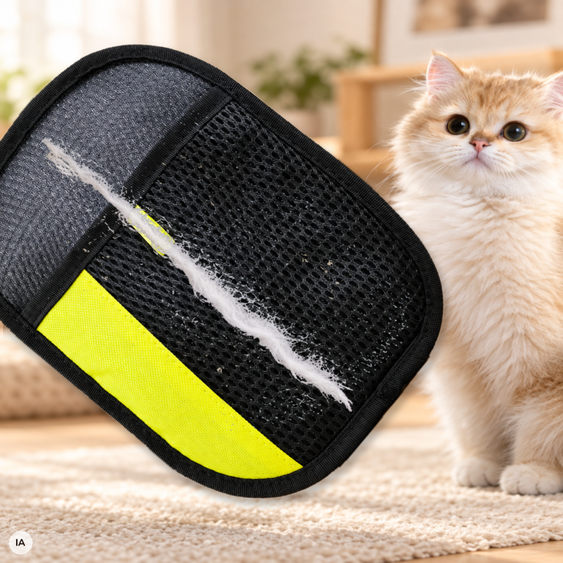 Gant Câlin noir à bande jaune couvert de poils de chat, à côté d'un chat à poil long (image créée avec l'IA)