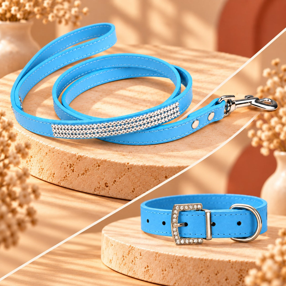 Laisse strass bleue et son collier assorti