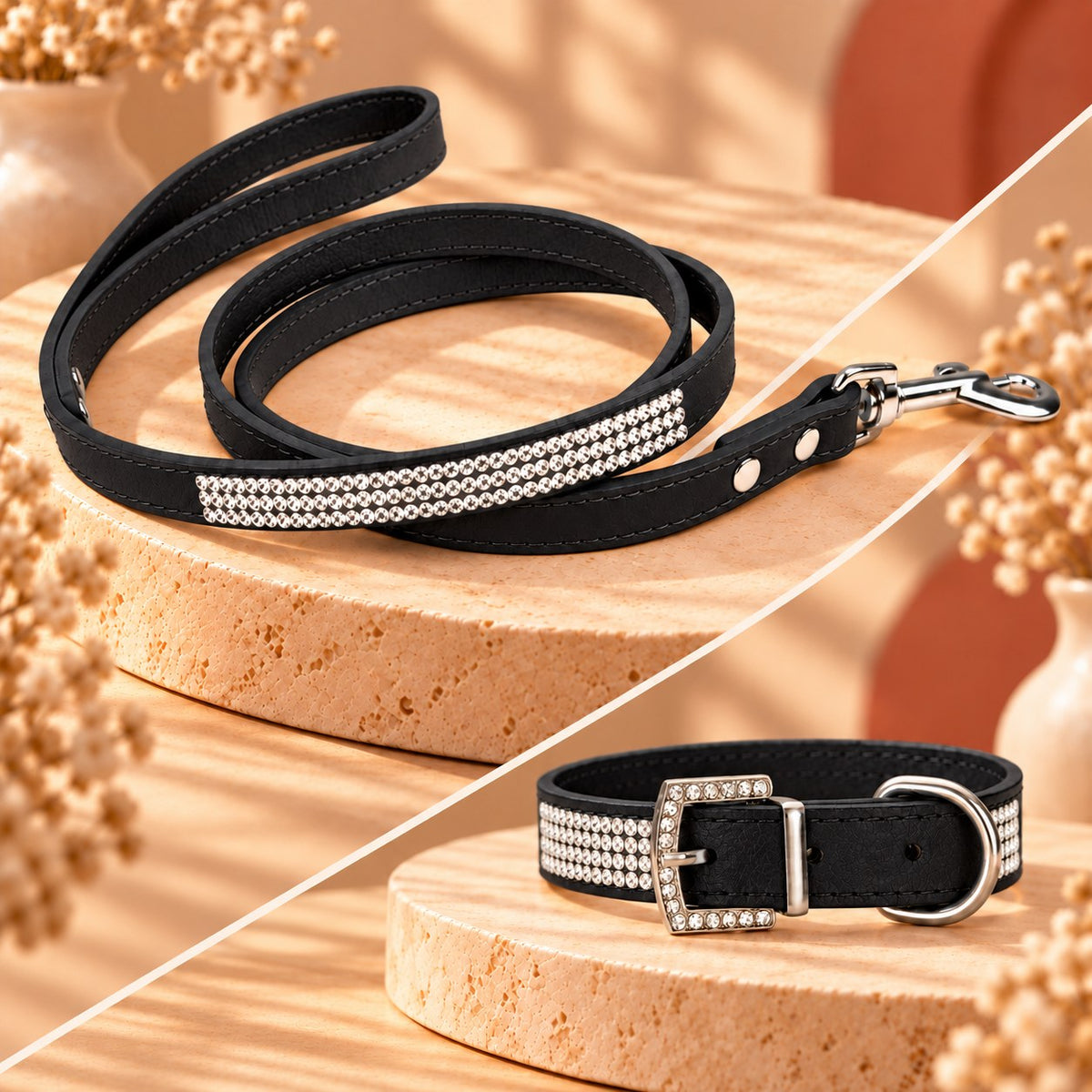 Ensemble collier et laisse strass noir