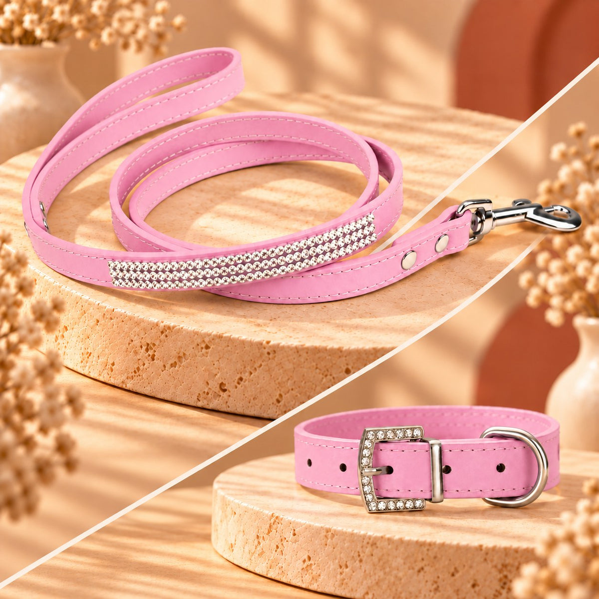 Ensemble collier et laisse strass rose