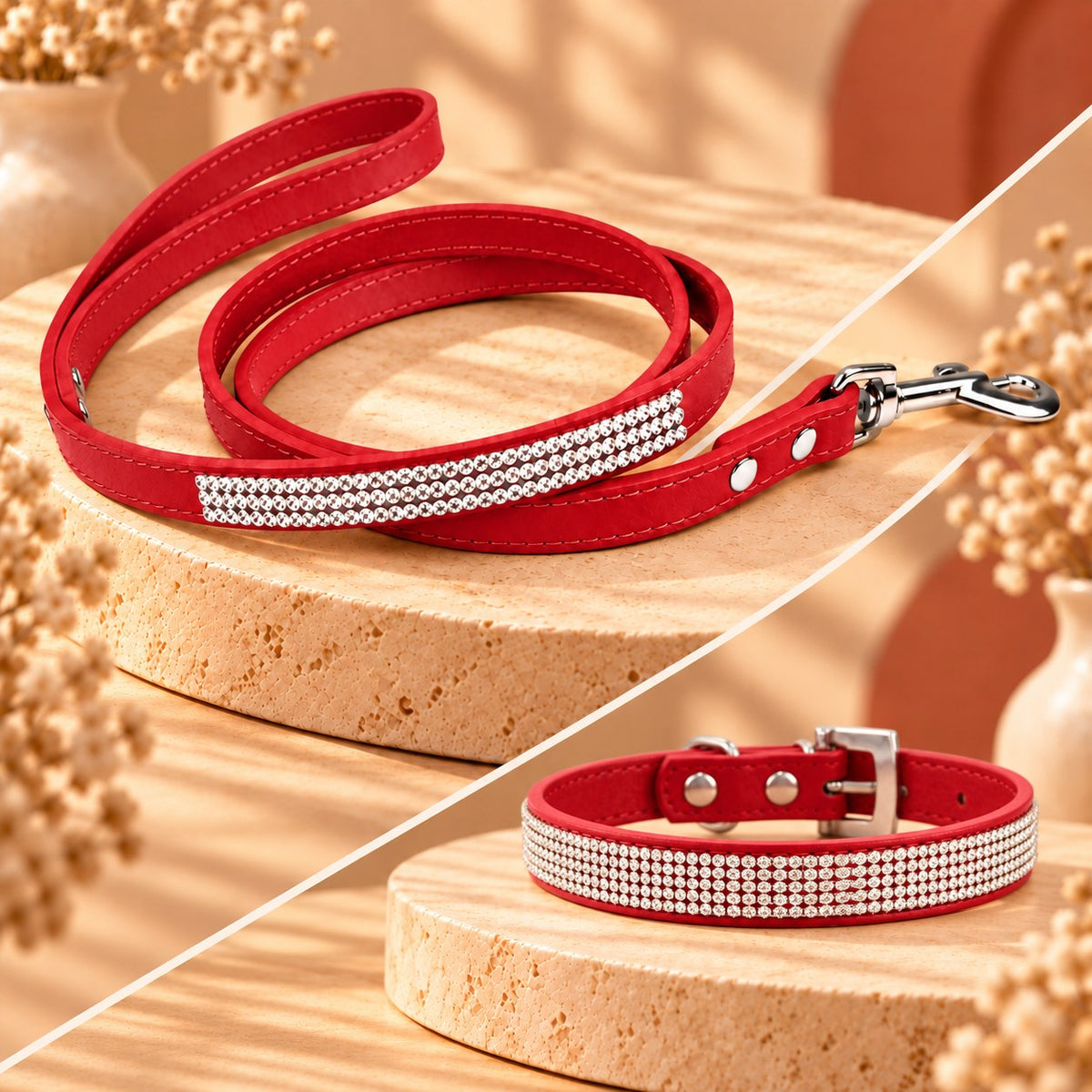 Ensemble collier et laisse strass rouge