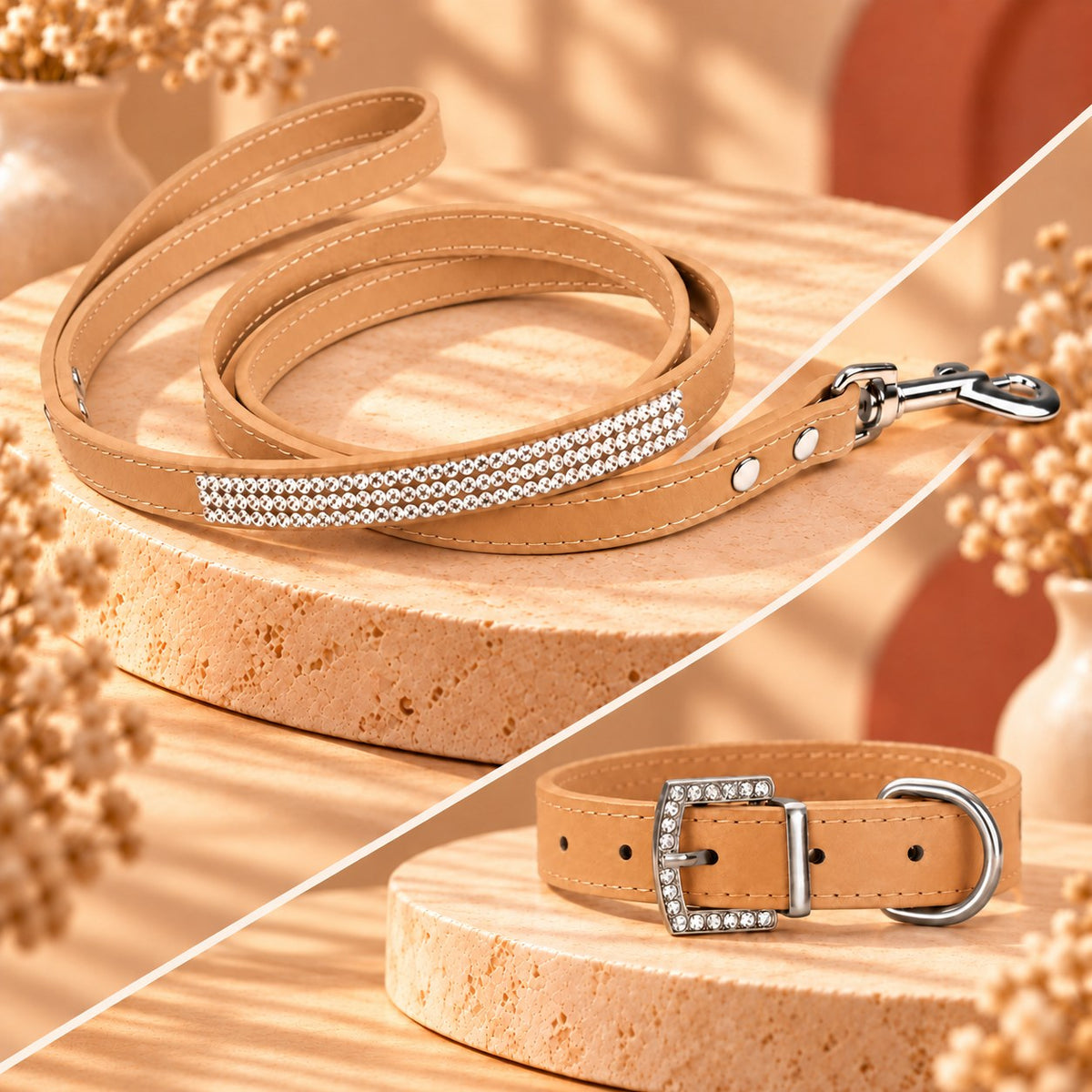 Ensemble collier et laisse strass tan