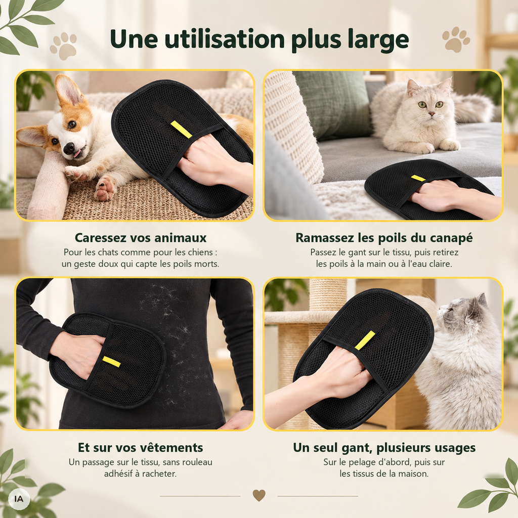 Les usages du gant anti-poils : caresser un chien ou un chat, puis ramasser les poils sur le canapé et les vêtements (image créée avec l'IA)