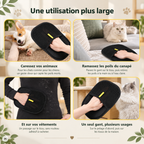 Les usages du gant anti-poils : caresser un chien ou un chat, puis ramasser les poils sur le canapé et les vêtements (image créée avec l'IA)