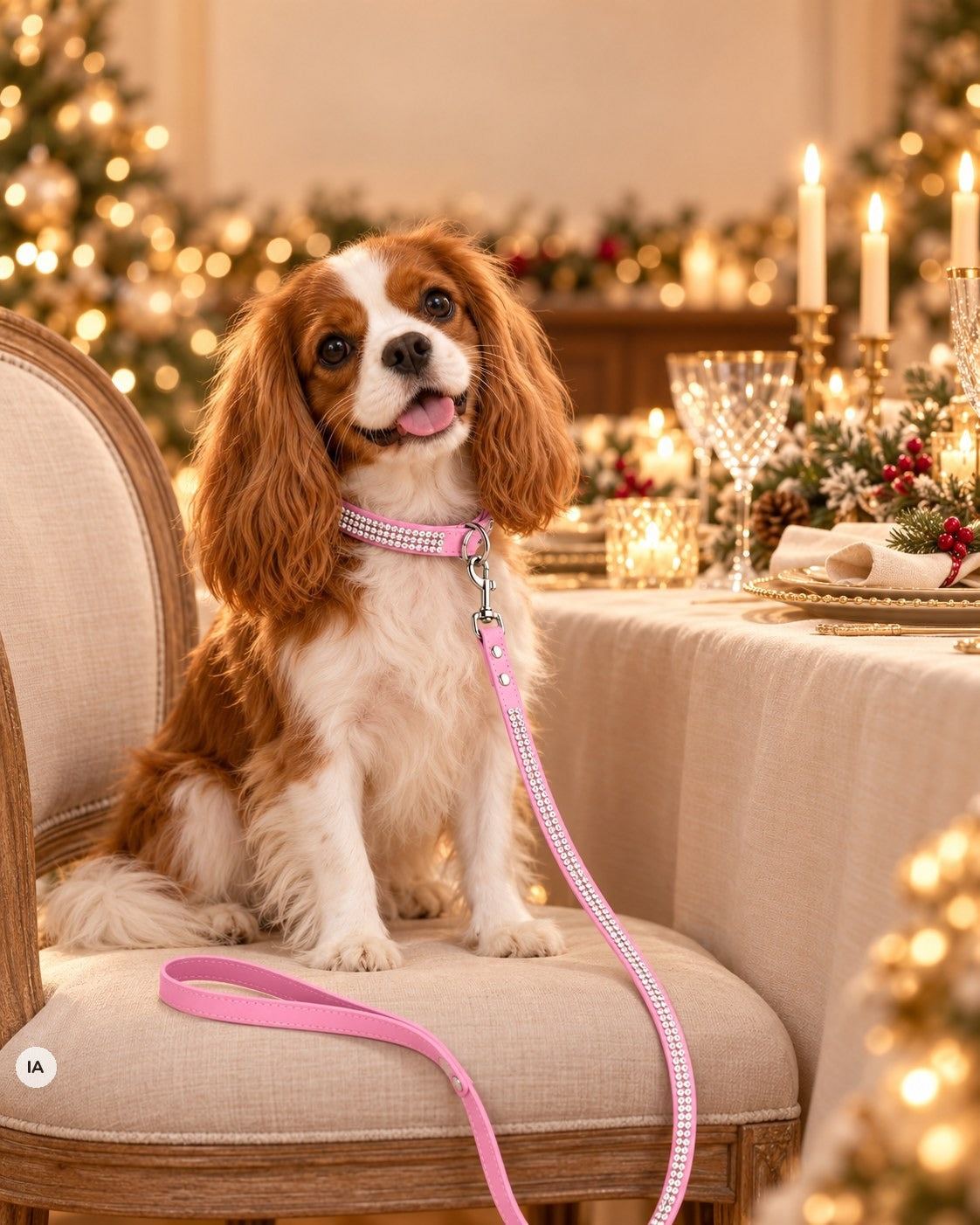 Cavalier king charles en tenue de fête, collier et laisse strass rose (image créée avec l'IA)
