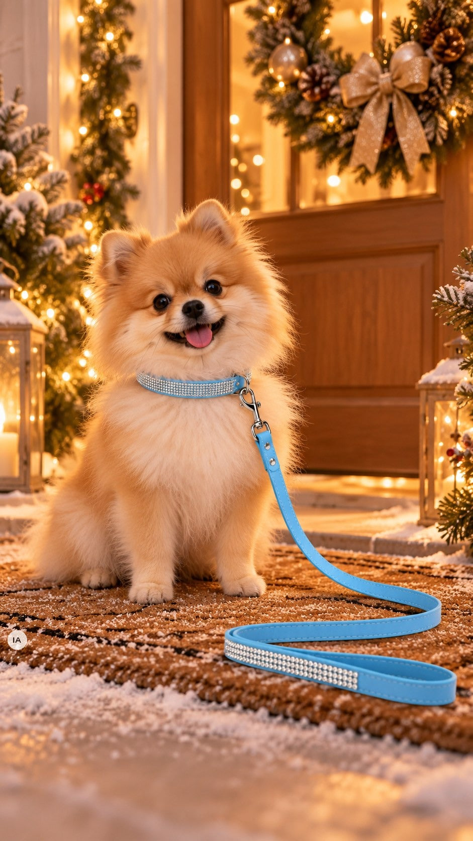 Spitz nain prêt pour la fête avec le collier et la laisse strass bleu (image créée avec l'IA)