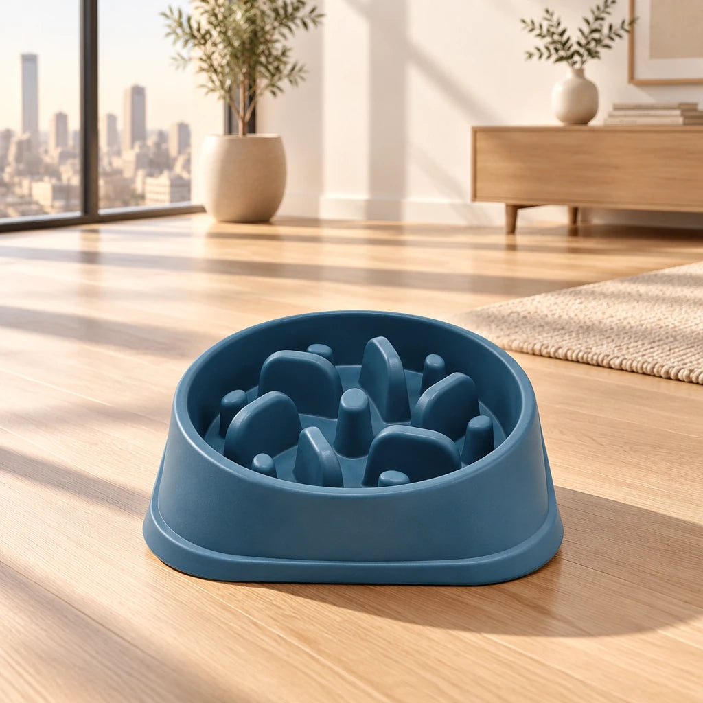 Gamelle anti-glouton bleue pour chien, posée au sol dans un salon lumineux