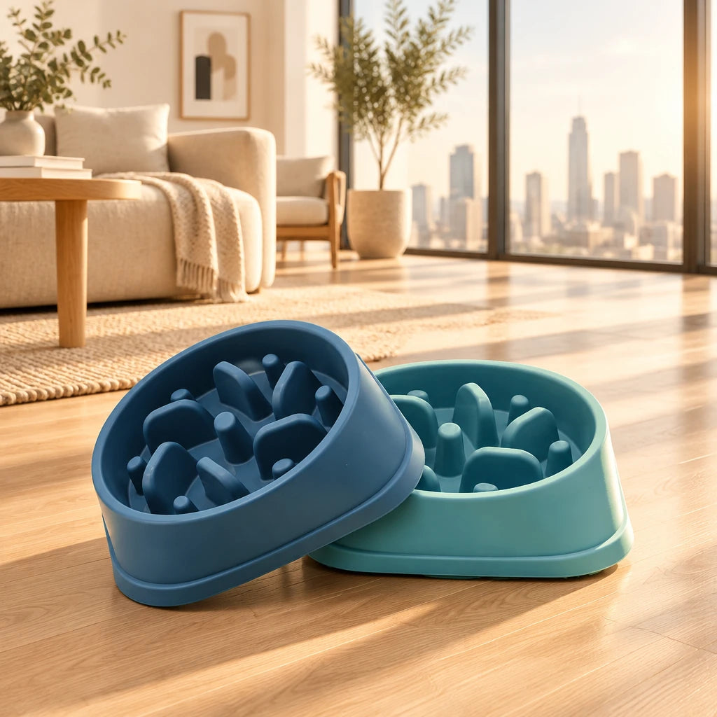 Lot de 2 gamelles anti-glouton, une bleue et une vert canard