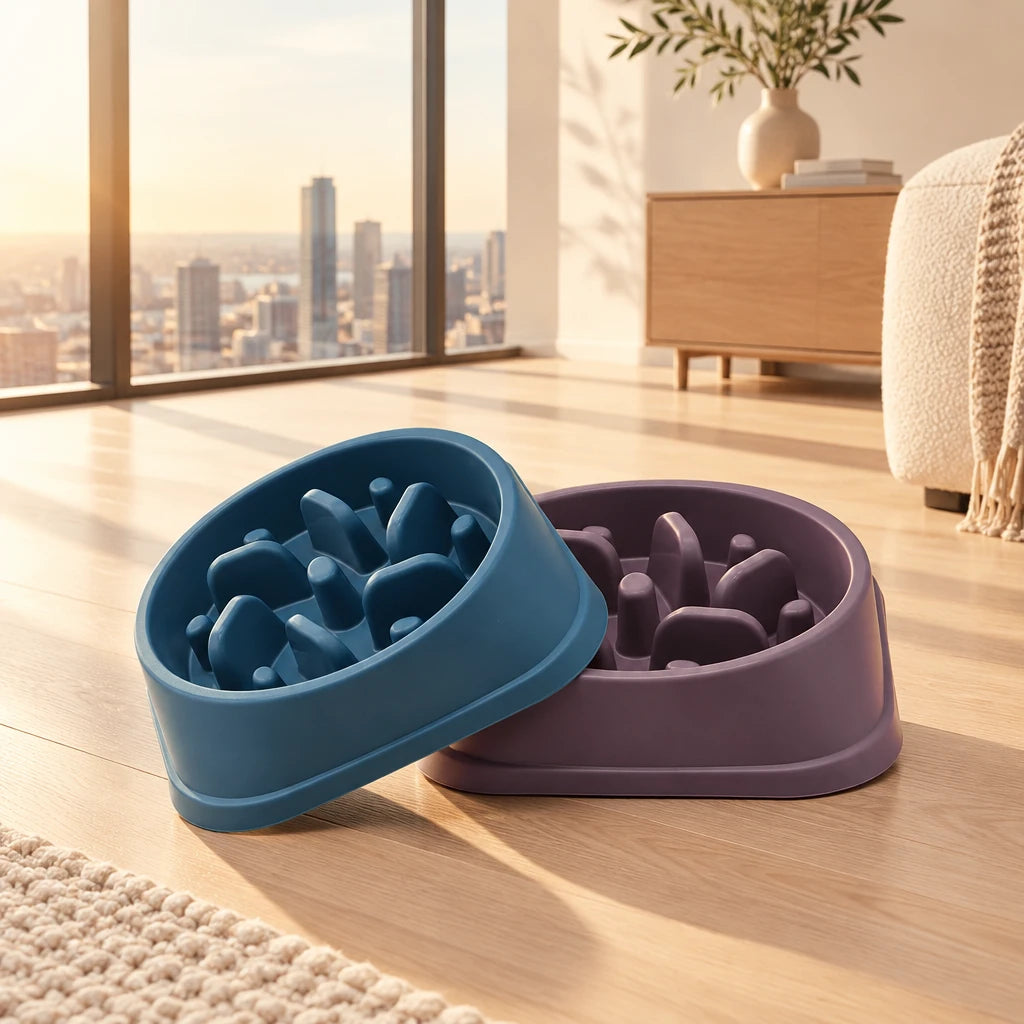Lot de 2 gamelles anti-glouton, une bleue et une prune