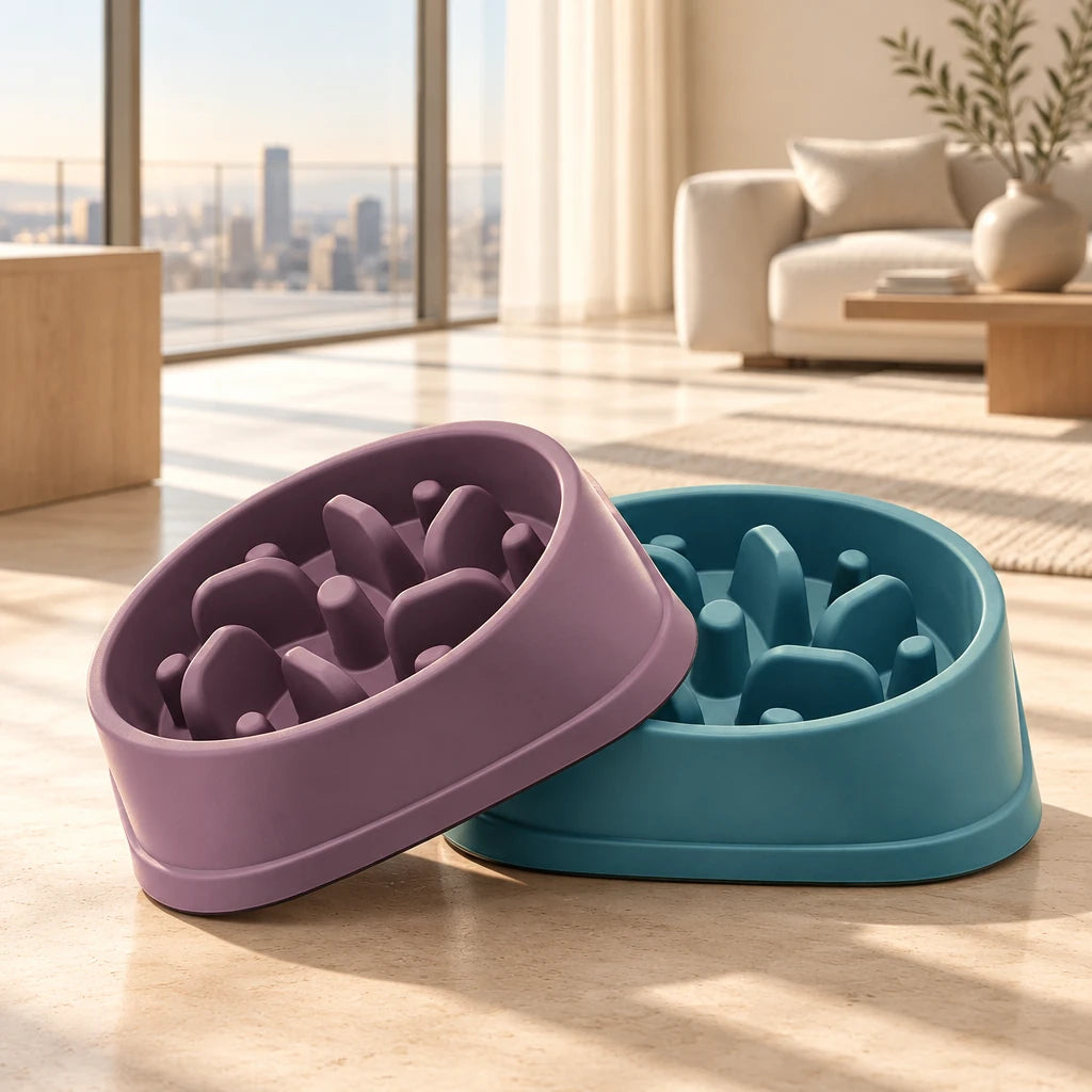 Lot de 2 gamelles anti-glouton, une prune et une vert canard