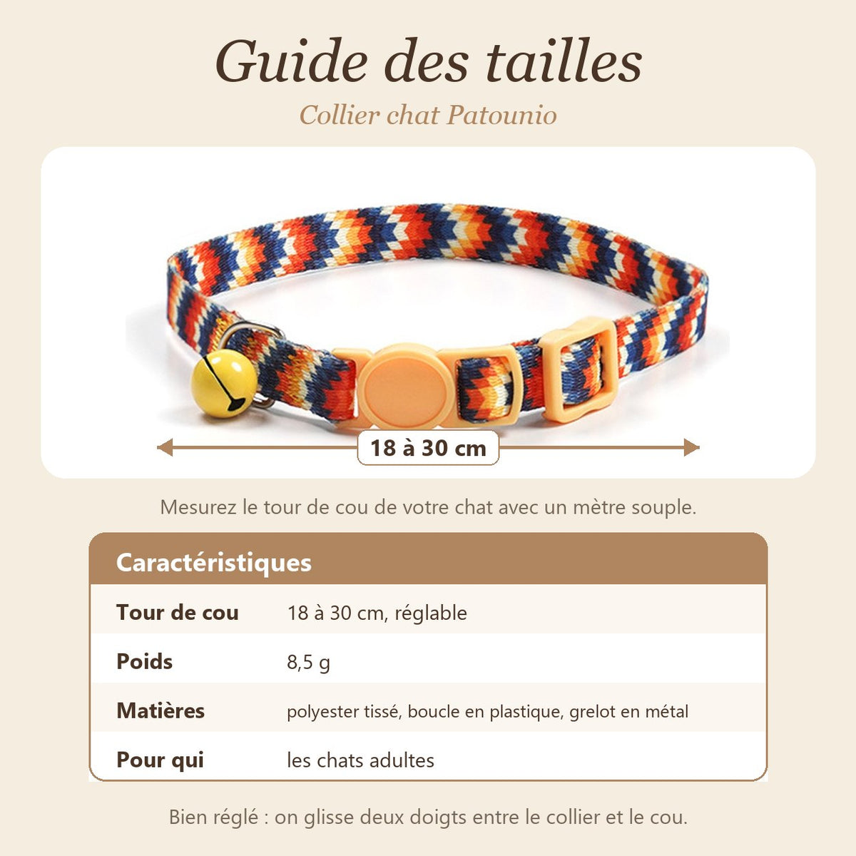 Guide des tailles du collier chat, tour de cou réglable de 18 à 30 cm